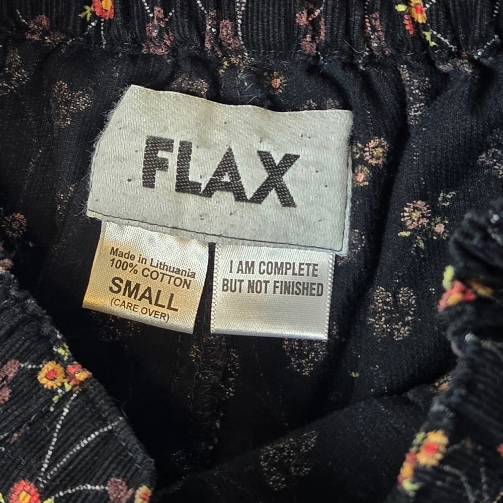 FLAX Black Floral Corduroy Pants Cotton Straight Leg Small Cottage Granny Core - Picture 3 of 6